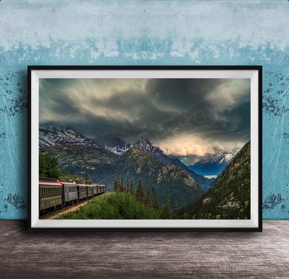 Vintage Mountain Train Crossing Dramatic Cloudy Peaks Travel Poster