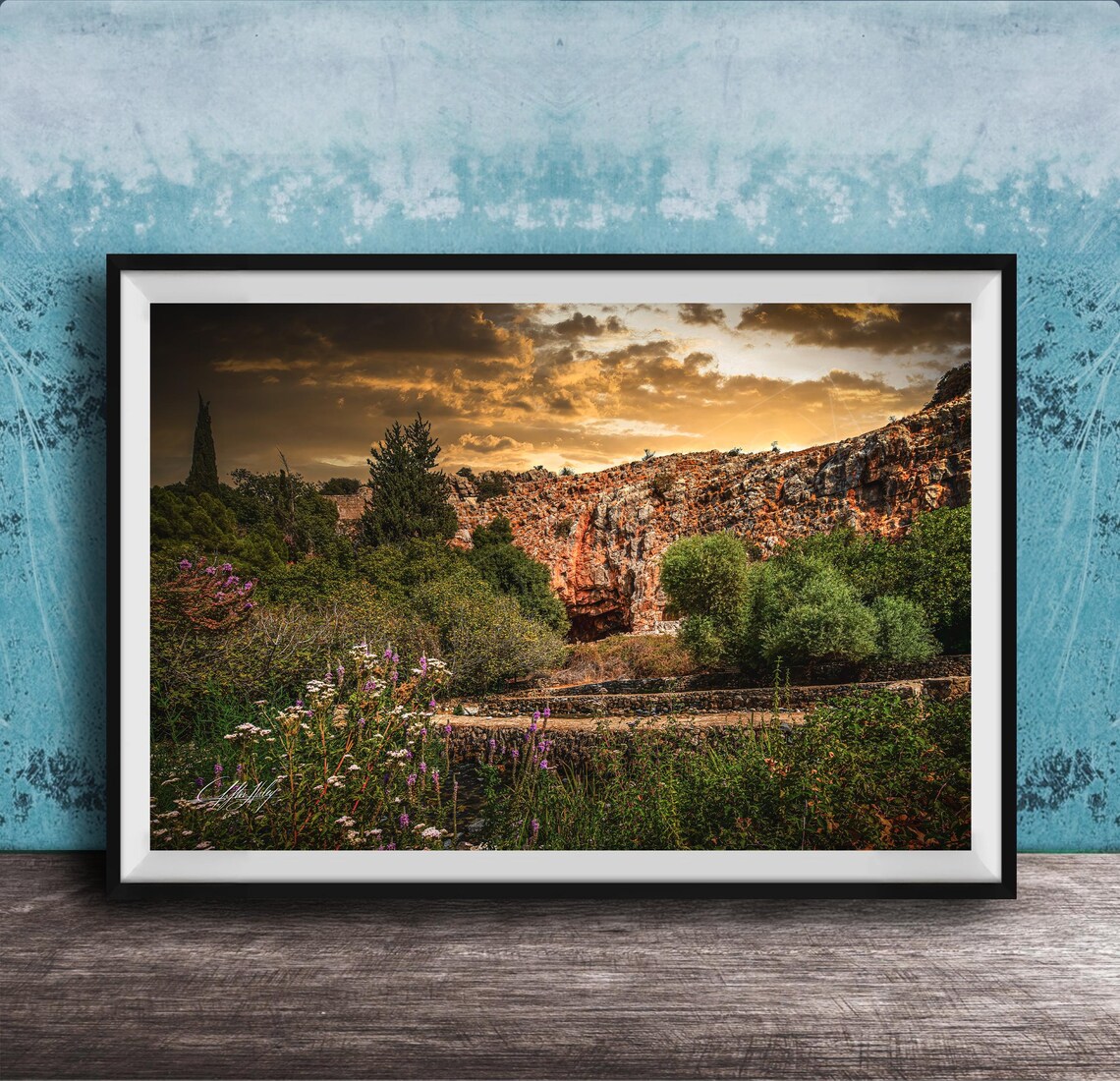 Rocky Canyon Wildflowers At Dawn Golden Light Landscape Photo Poster