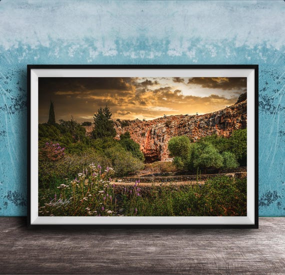Caesarea Philippi Landscape Print Dawn Wildflowers And River