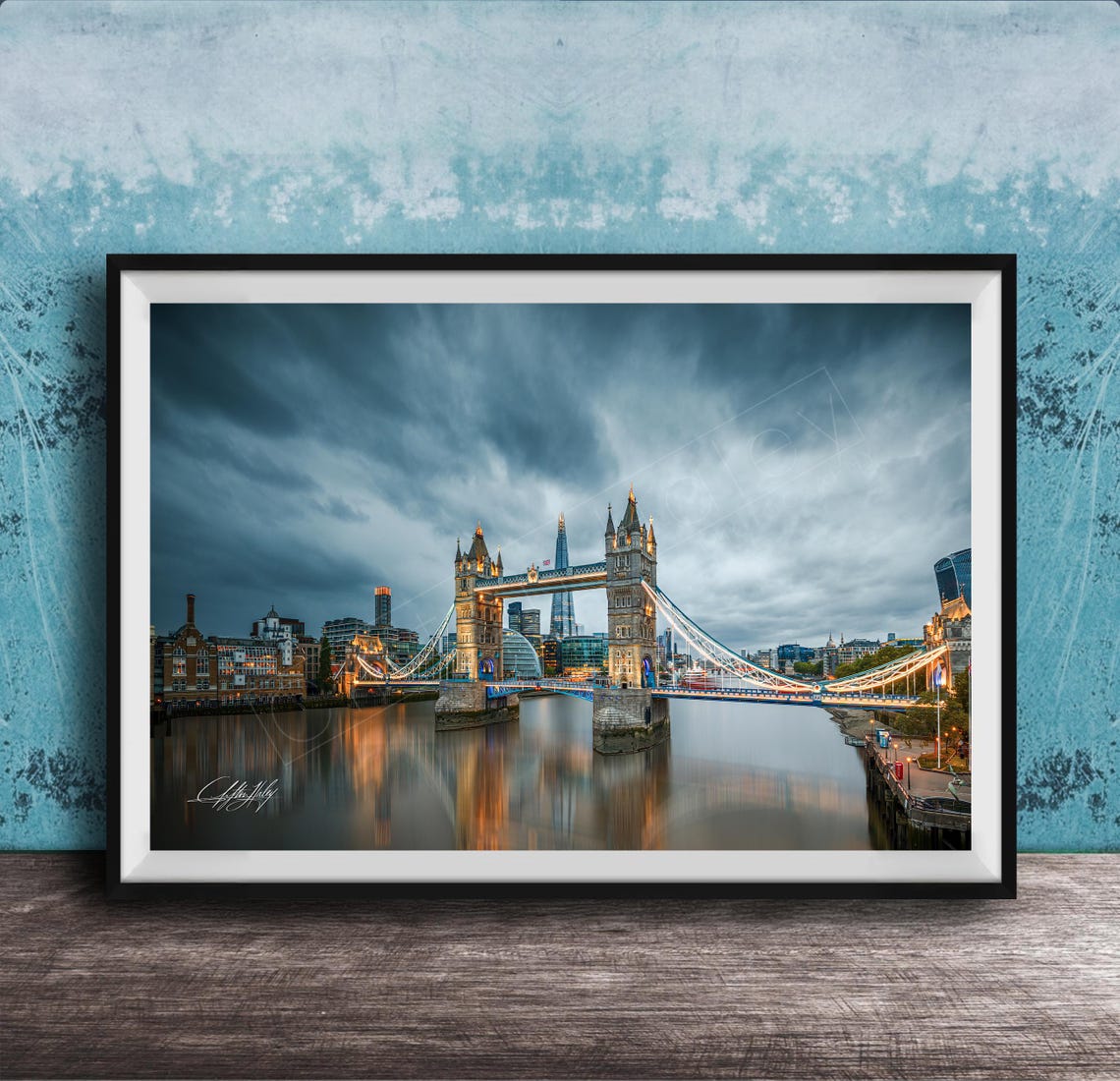 Illuminated Tower Bridge London at Blue Hour Night Skyline Poster