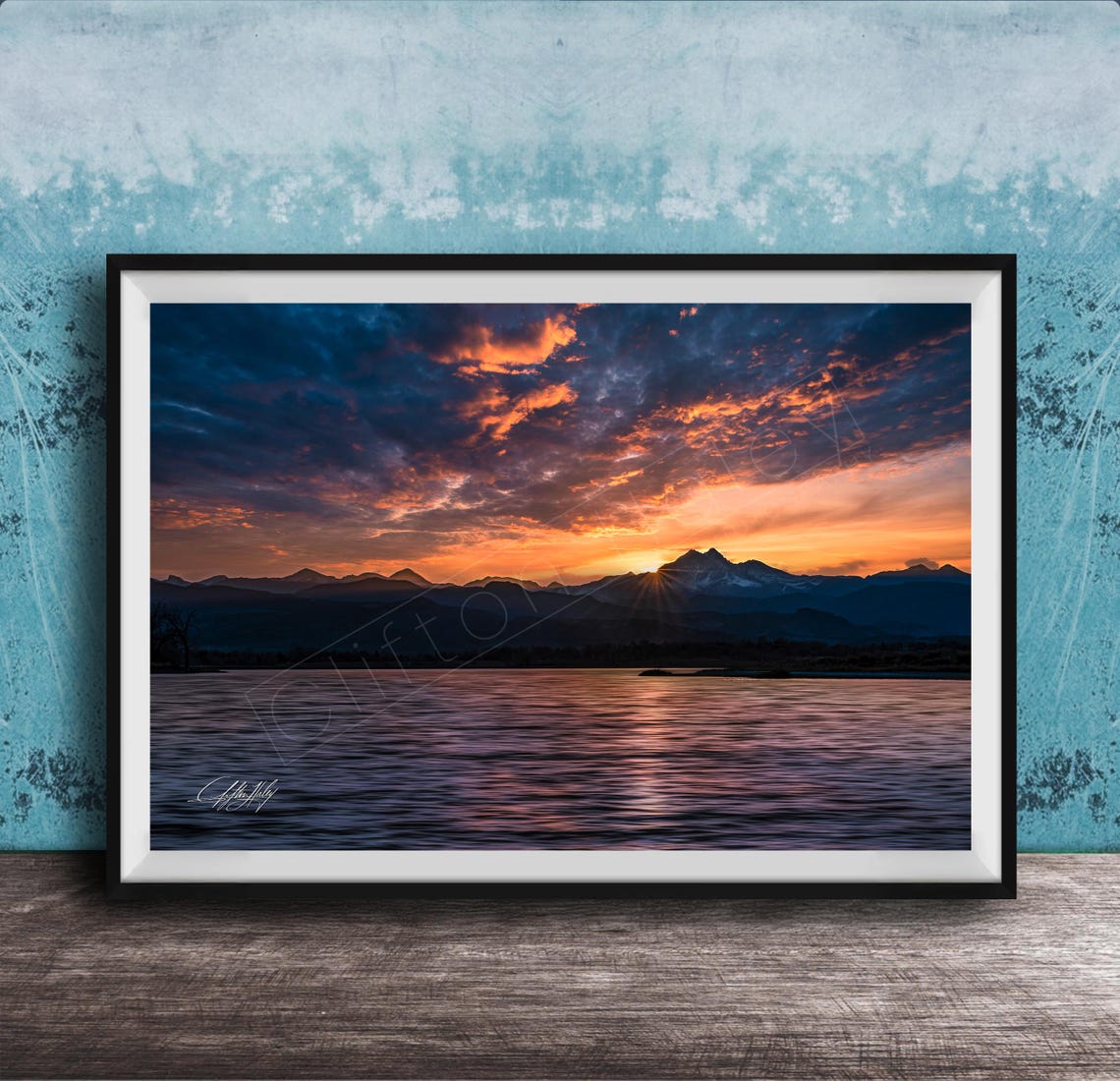 Mountain Sunset Over Lake Fiery Sky Reflection Scenic View Poster