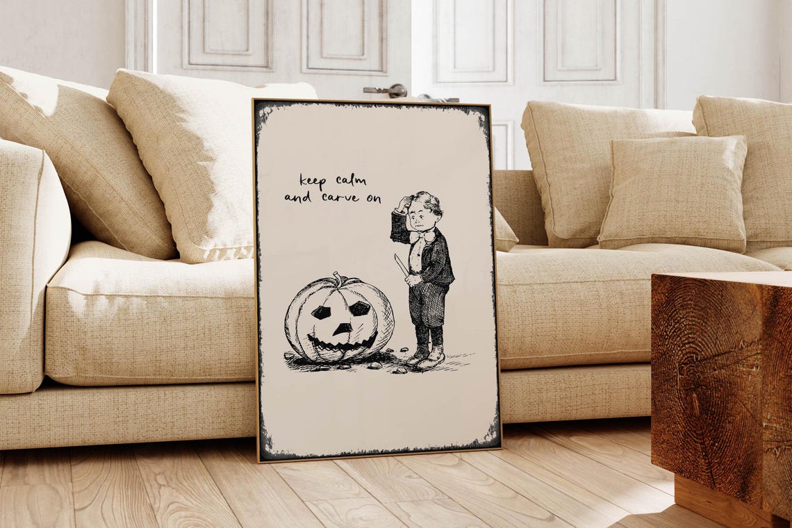 Keep Calm And Carve On Vintage Boy With Jack O Lantern Poster - Image 2