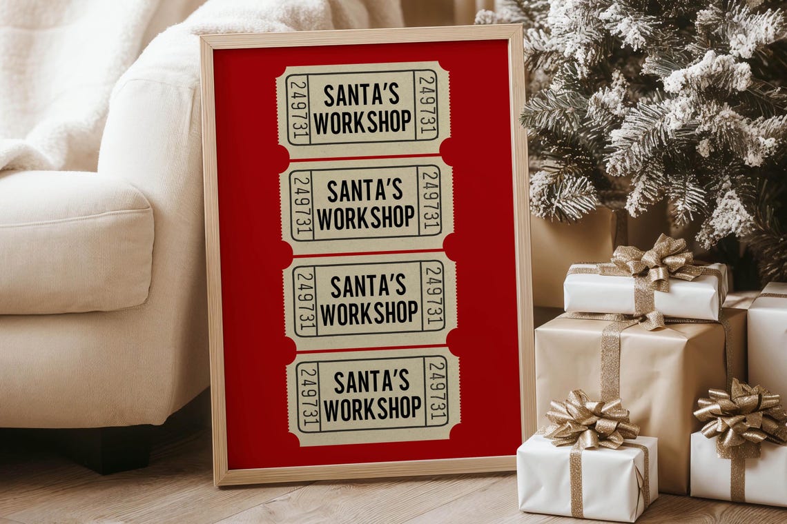 Santas Workshop Vintage Ticket Stub Art Red Christmas Poster - Image 6