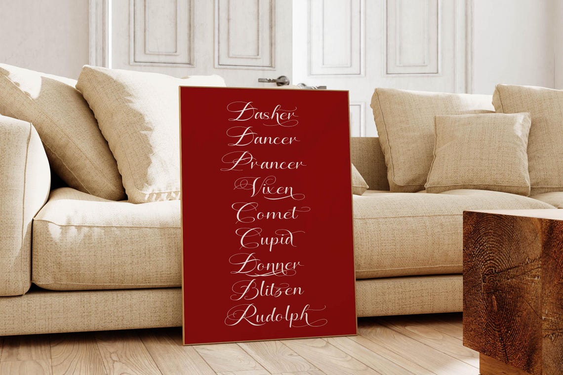 Classic Santa Reindeer Names Red Christmas Typography Script Poster - Image 5