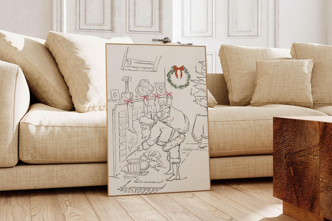 Vintage Santa Claus Sketch Filling Stockings Christmas Poster - Image 5