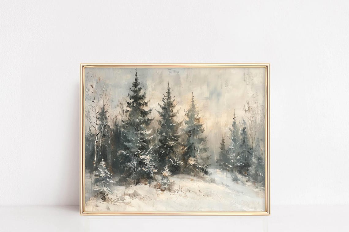 Vintage Winter Pine Forest Snow Landscape Painting Moody Poster - Image 6