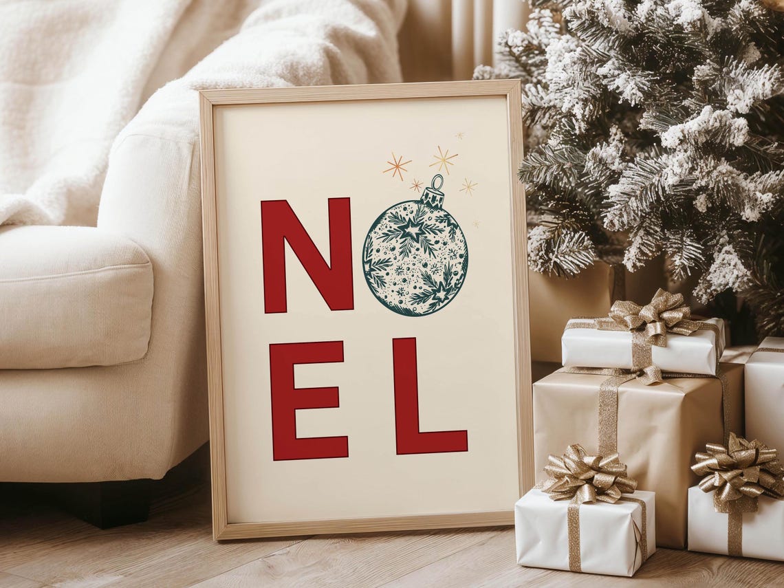 Noel Stacked Red Letters Ornament Cream Christmas Art Poster - Image 6