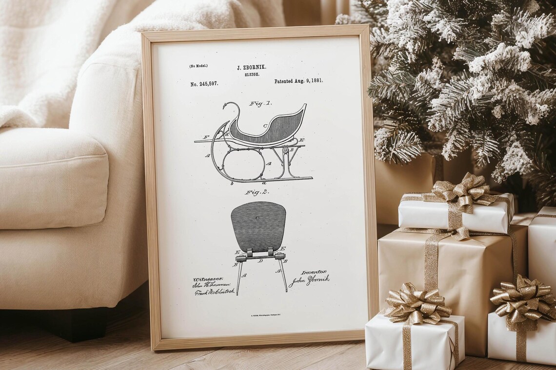 1881 Sleigh Patent Drawing Zbornik Monochrome Vintage Poster - Image 5