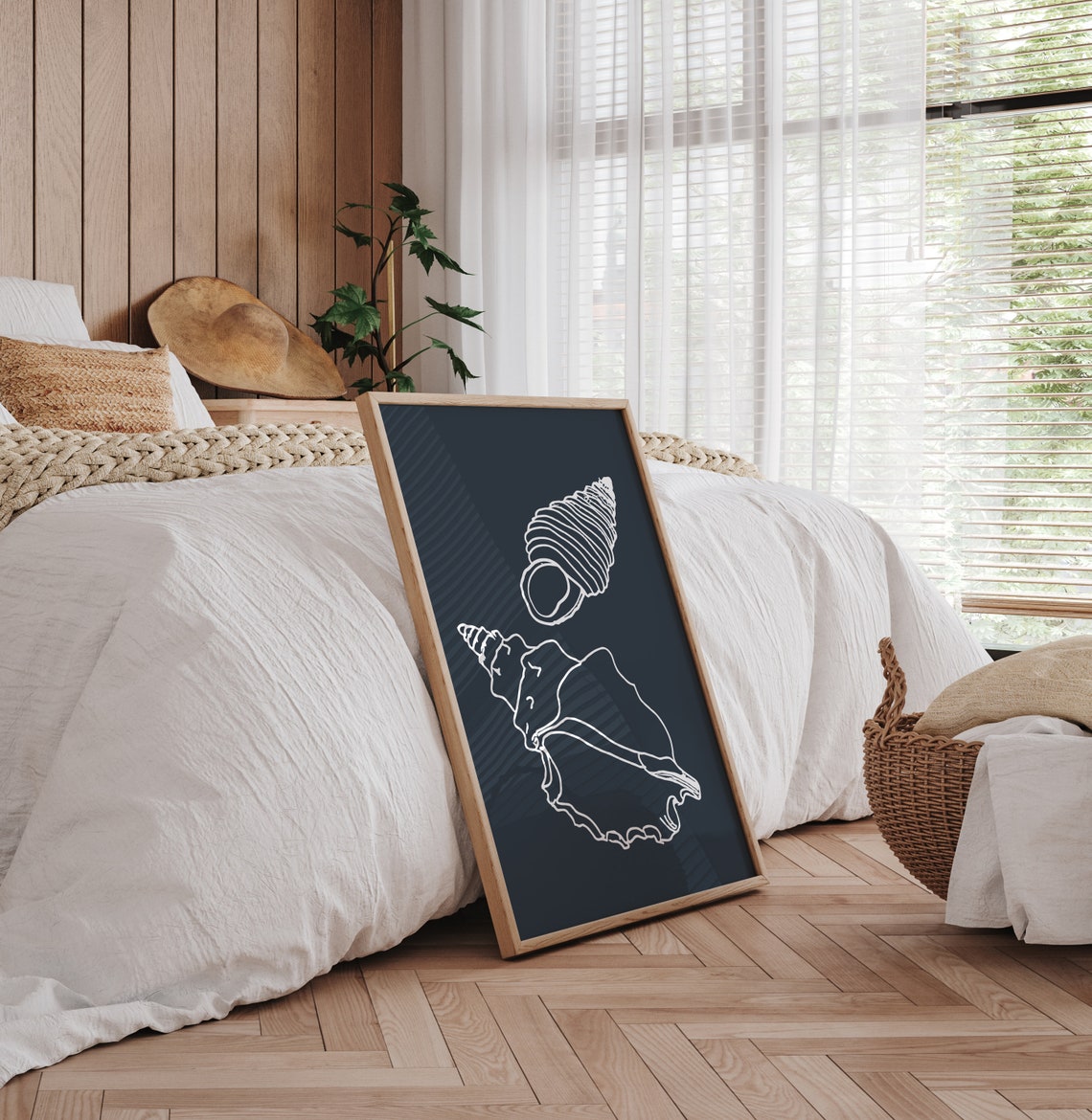 Minimalist White Line Art Seashells Navy Coastal Beach House Poster - Image 3