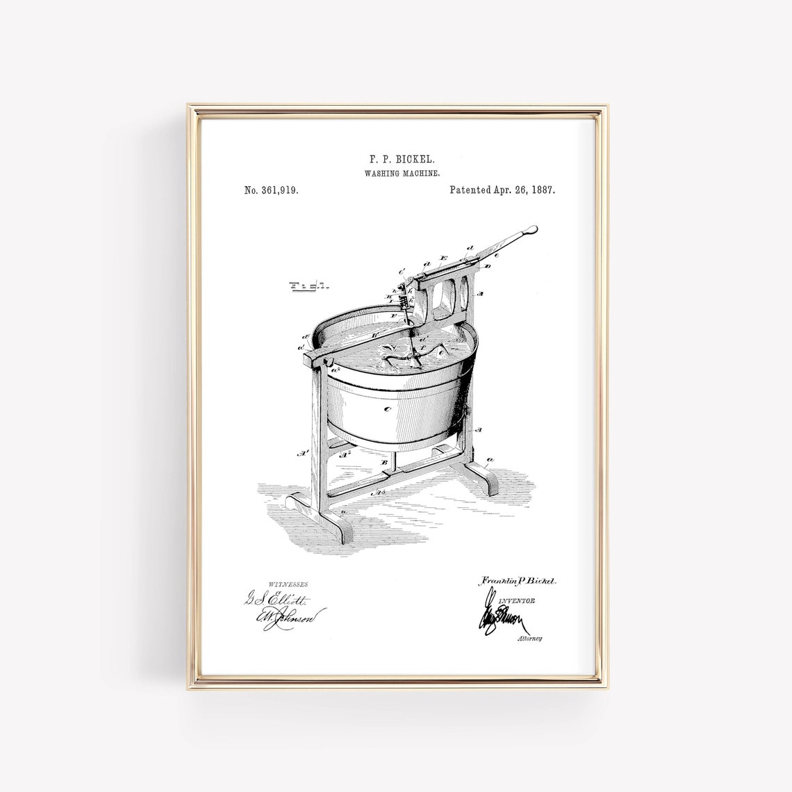 1887 Washing Machine Patent Drawing Bickel Vintage Laundry Poster - Image 4