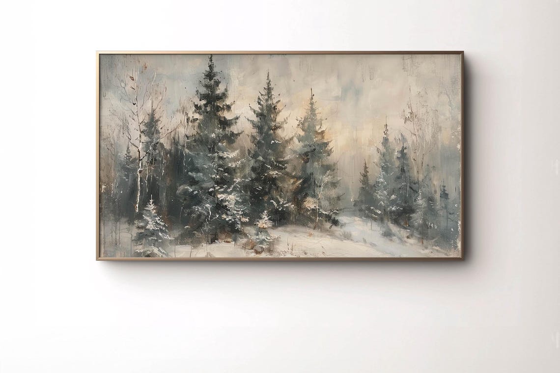Snowy Pine Forest Winter Painting Muted Blue Gray Frame TV Poster - Image 4