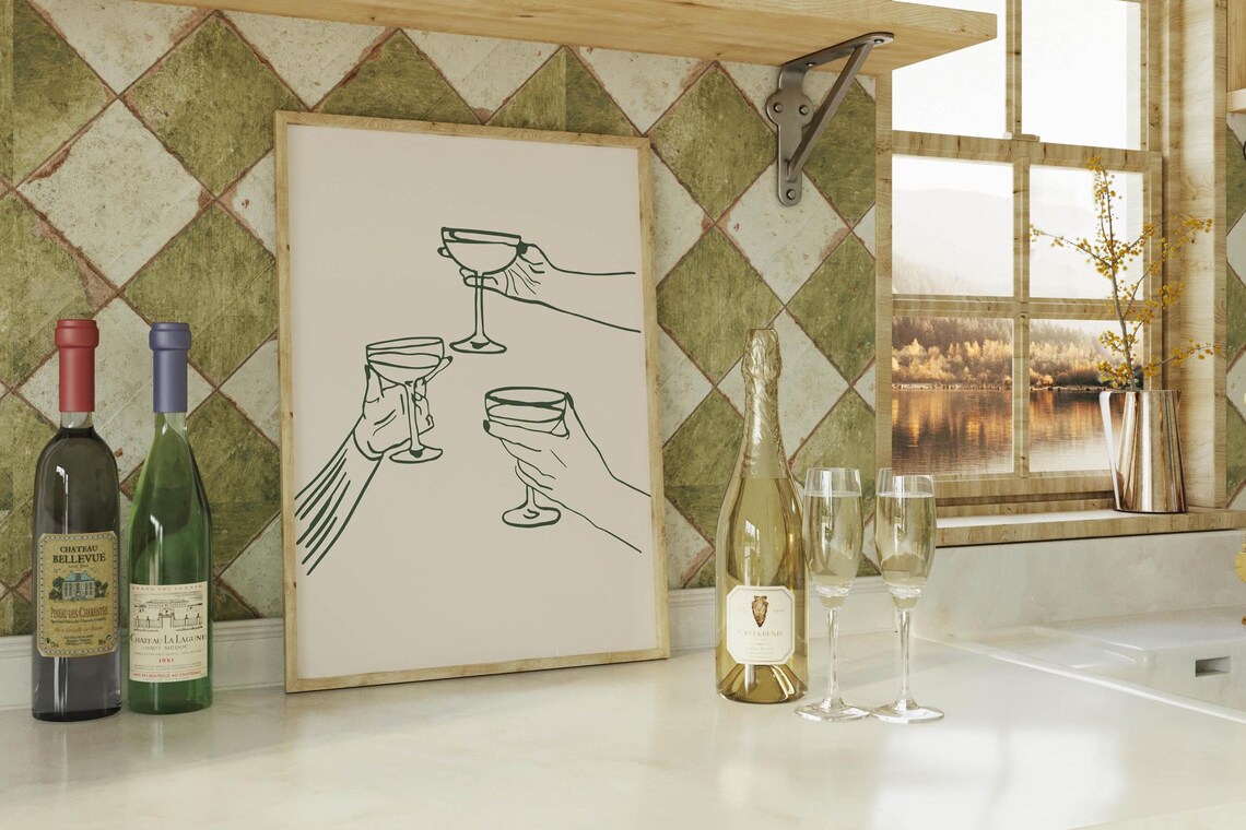 Elegant Cheers Coupe Glasses Toast Minimalist Pink Bar Cart Poster - Image 3