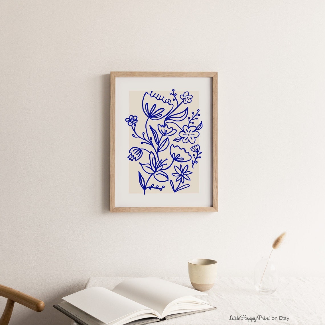 Cobalt Blue Floral Line Drawing Minimalist Botanical Beige Wall Art