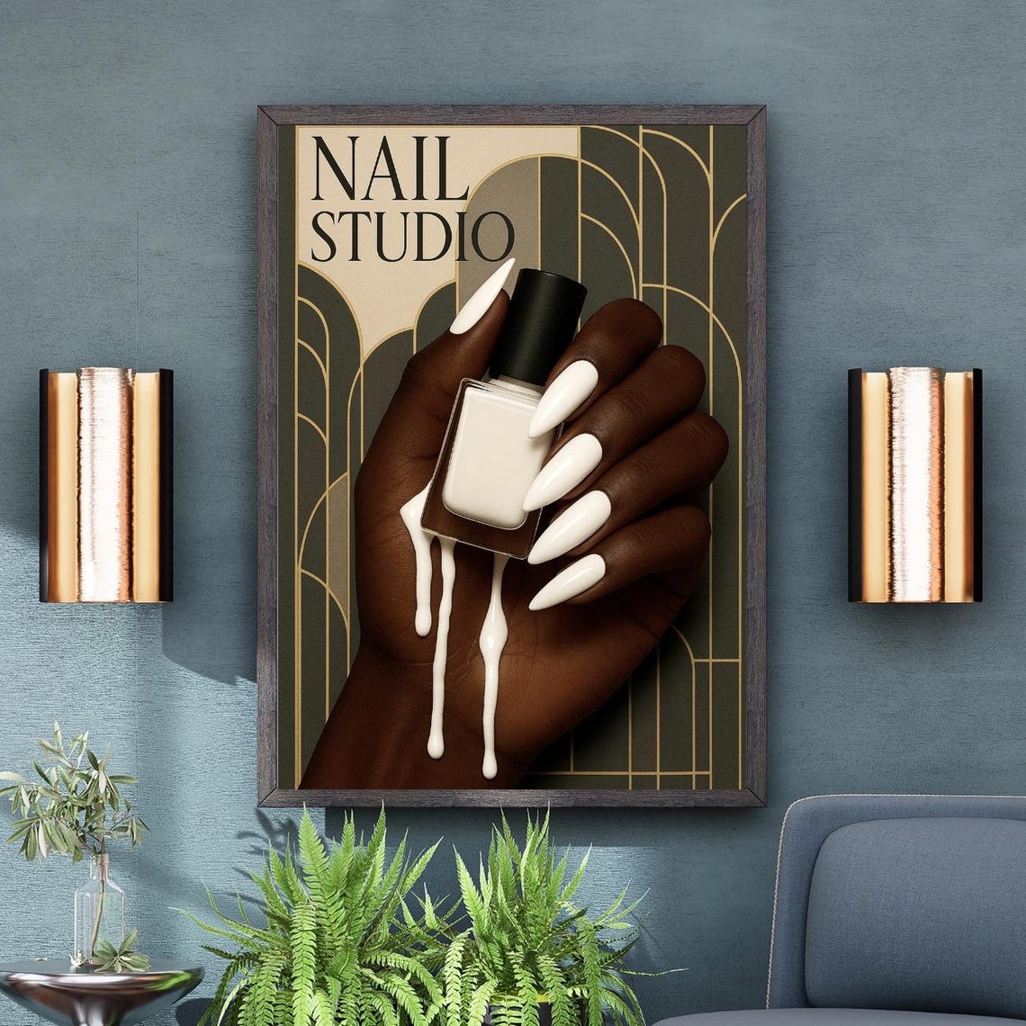 Elegant Nail Studio White Polish Drip Art Deco Chic Salon Poster