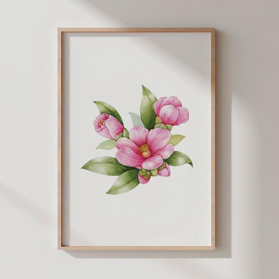 Elegant Pink Camellia Bloom Botanical Watercolor Flower Art Poster