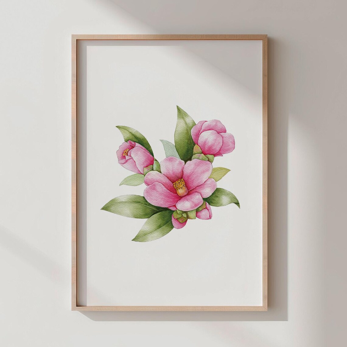 Pink Camellia Watercolor Print Minimalist Floral Wall Art