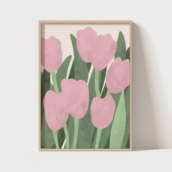 Pink Tulip Print Floral Botanical Illustration Modern Home Decor