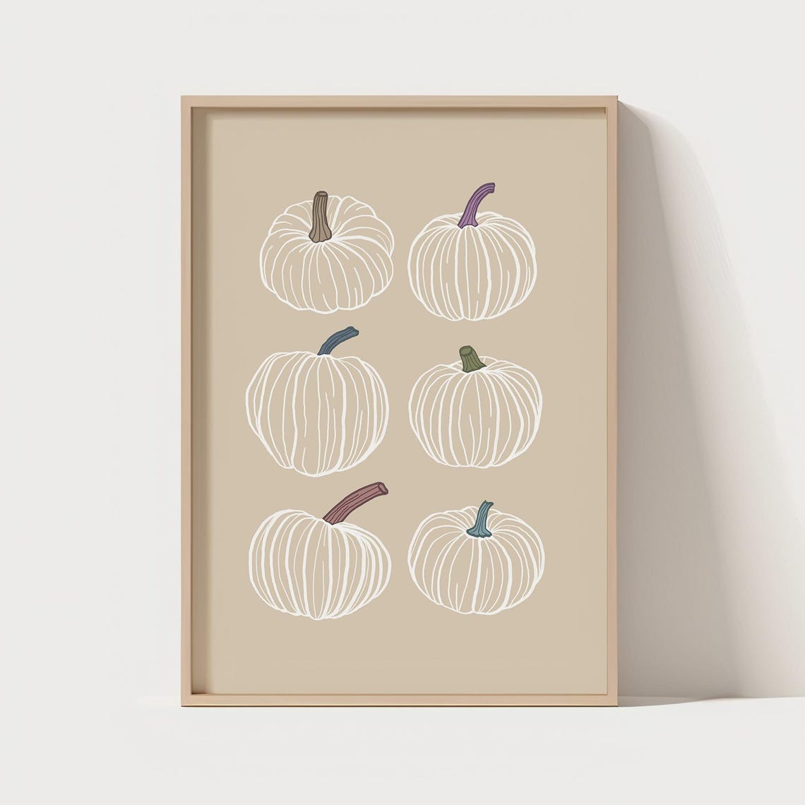 Six White Pumpkins with Colorful Stems Fall Decor Wall Poster