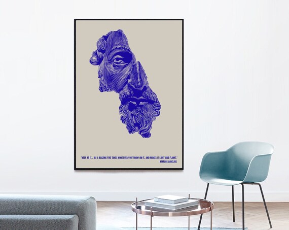 Marcus Aurelius Blazing Fire Stoic Quote Poster with Blue Bust Sketch