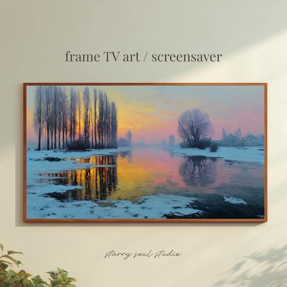 Winter Sunset Poplars Reflected in Frozen River Oil Painting TV Poster