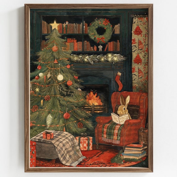 Christmas Rabbit Watercolor Art Print, Vintage Holiday Decor