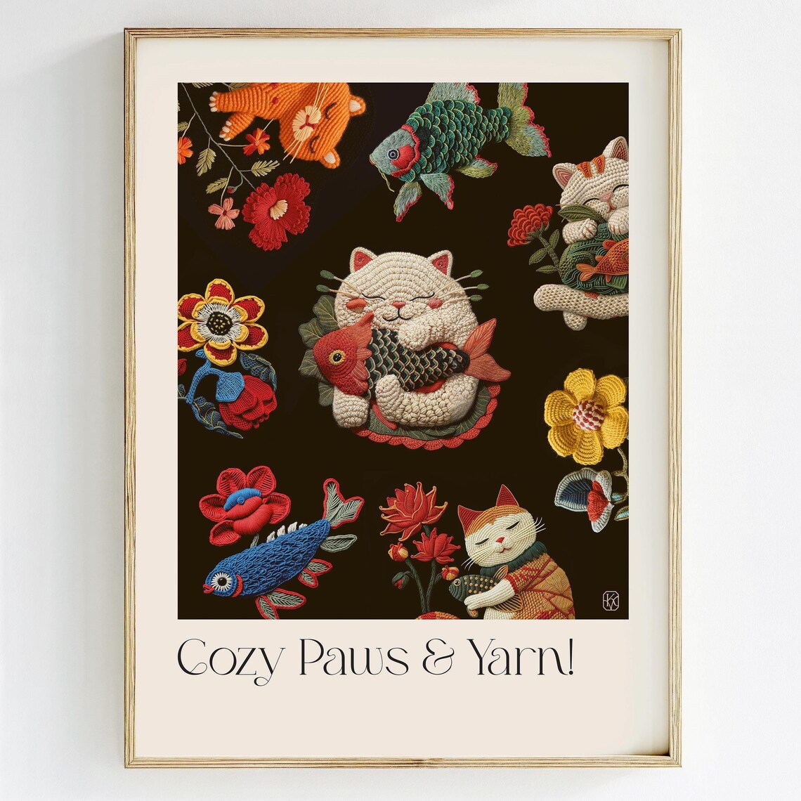 Cozy Paws Yarn Cats Embroidery Style Kittens Fish Floral Art Print