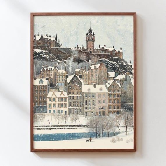 Winter Edinburgh Art Print Snowy European Village Illustration Cozy Wall Decor Instant