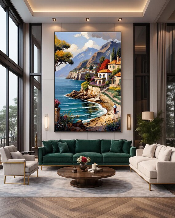 Mediterranean Coastal Village Cliffside Painting Turquoise Sea Poster