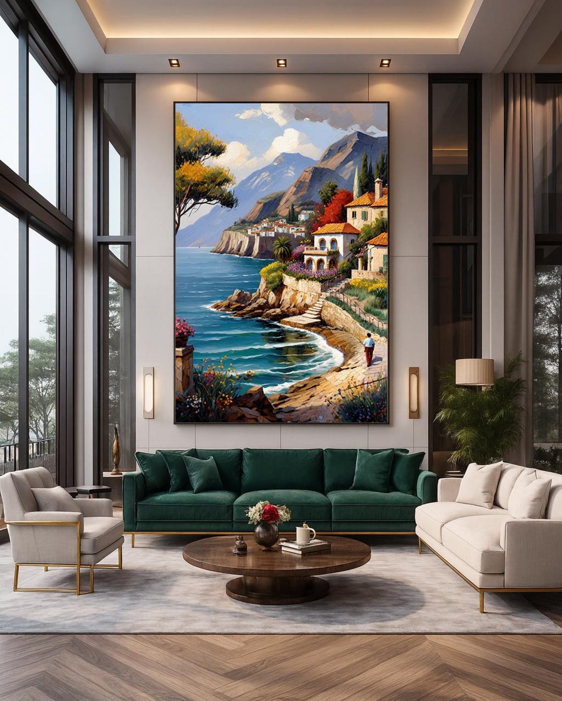 Mediterranean Coastal Village Cliffside Painting Turquoise Sea Poster