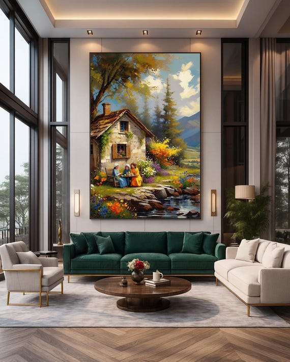 Country Cottage Tea Party Print Rustic Garden Gathering Streamside Scene Wall Art
