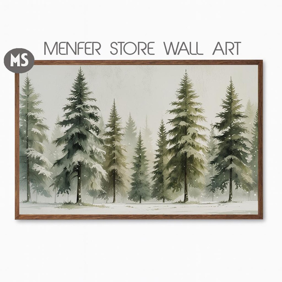 Snowy Pine Forest Winter Evergreen Watercolor Landscape Wall Art