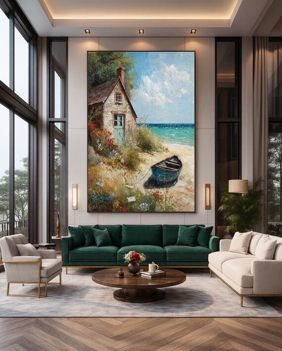 Coastal Stone Cottage Blue Door Rowboat Seaside Floral Painting Poster