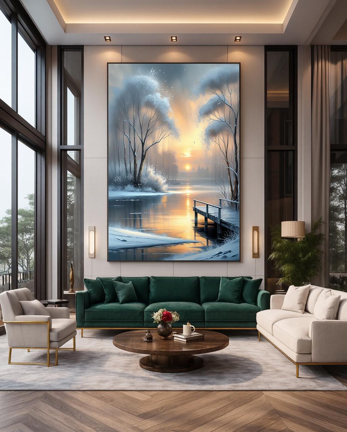 Winter Sunrise Frozen Lake Snowy Trees Wooden Dock Morning Poster
