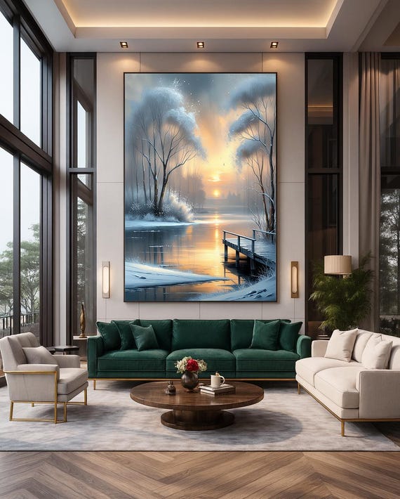 Winter Sunrise Lake Wall Art Snowy Mountain Landscape Cozy Nature Print