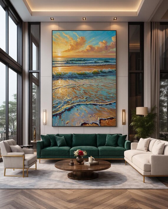 Golden Ocean Sunset Waves Glowing Seascape Oil Painting Coastal Print