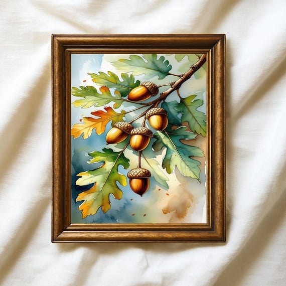 Oak Leaves And Acorns Botanical Print Autumn Nature Watercolor Wall Art