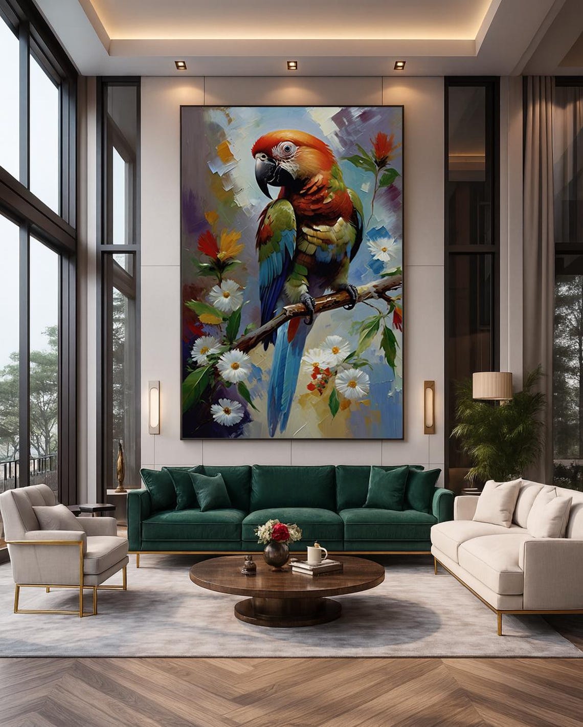 Colorful Tropical Parrot on Branch With White Daisies Wall Art