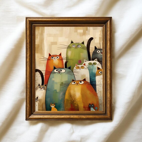 Whimsical Decor Cat Wall Art Colorful Abstract Cats Animal Painting