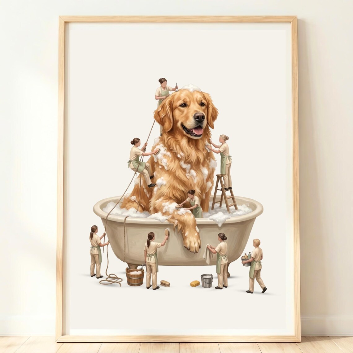 Golden Retriever Bathroom Dog Print, Funny Gift Poster
