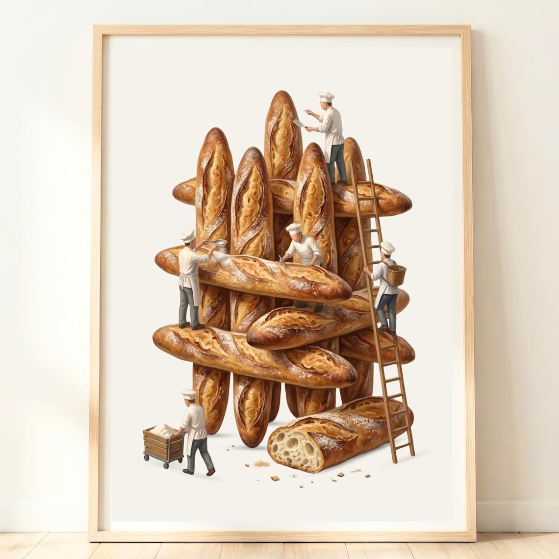 Giant French Baguettes Built by Tiny Bakers Whimsical Bakery Bread Poster