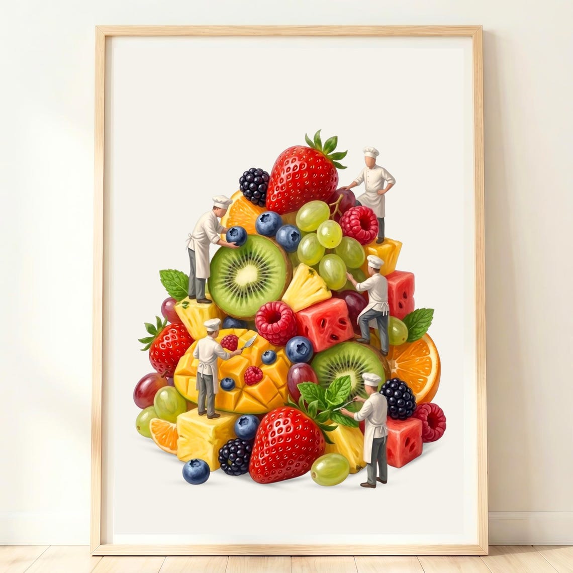 Giant Fruit Pile Tiny Chefs Whimsical Colorful Kitchen Art Poster