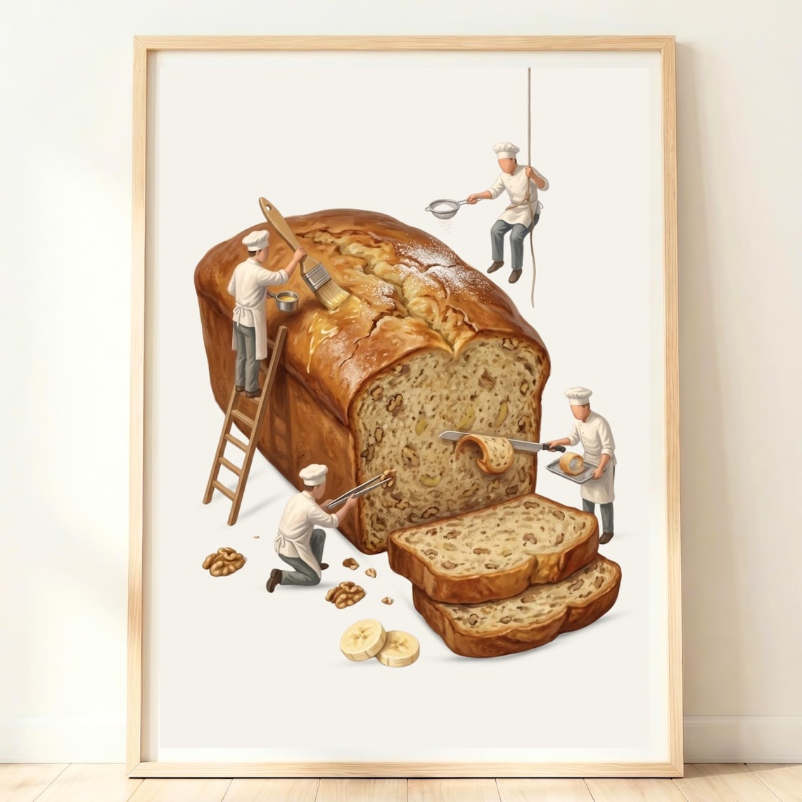 Giant Banana Nut Bread Loaf With Tiny Chefs Funny Baking Kitchen Poster