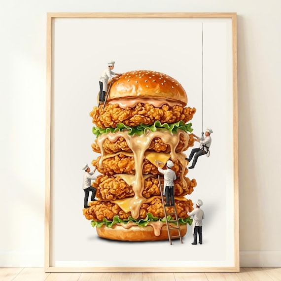 Chicken Sandwich Wall Art Fried Burger Poster Fast Food Artwork Diner Kitchen Decor