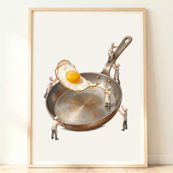 Tiny Chefs Lifting A Giant Fried Egg From A Frying Pan Whimsical Poster