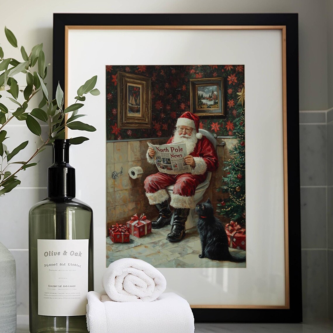 Santa Reading North Pole News in a Christmas Bathroom With Cat Poster