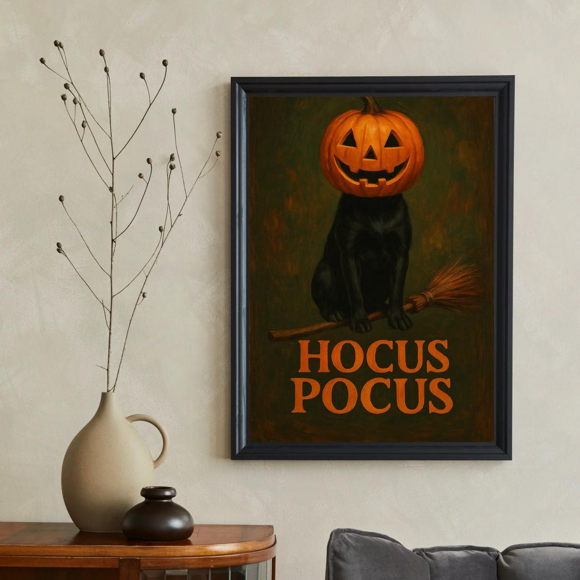Halloween Wall Art Black Dog With Broom Artwork For Spooky Autumn Decor