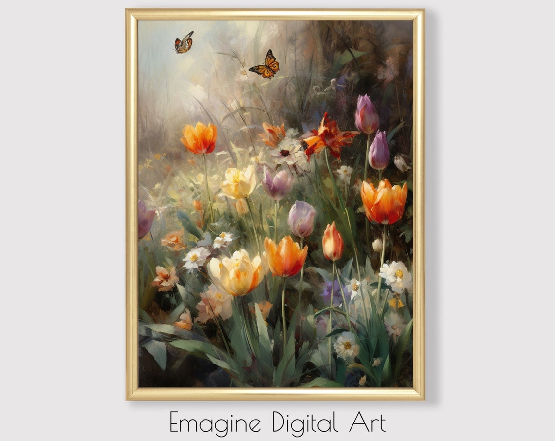 Tulip Garden Butterflies Impressionist Floral Painting Wall Poster
