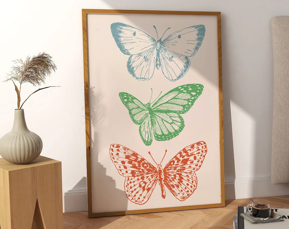 Vintage Butterfly Trio Teal Green Rust Retro Illustration Poster - Image 4
