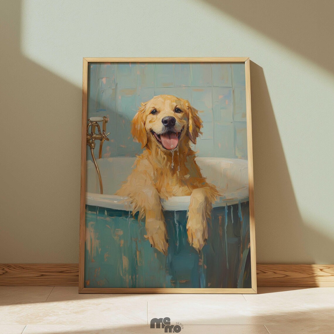 Golden Retriever Dog Bath Art Print, Funny Portrait