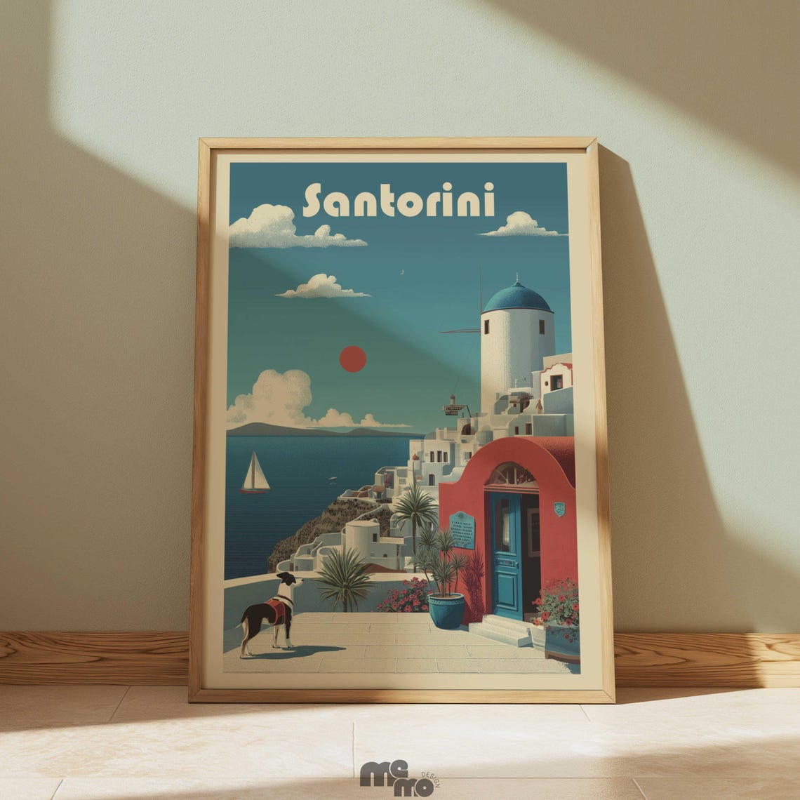 Santorini Aegean Vintage Travel Poster Dog Blue Dome Windmill View
